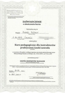 Kurs pedagogiczny dla instruktorów praktycznej nauki zawodu