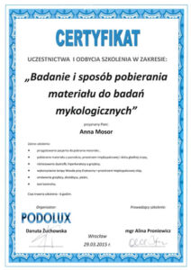 Gabinet podologiczny Podo-Nova Anna Mosor - Certyfikat Badanie i spodób pobierania materiału do badań mykologicznych