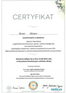 Certyfikat "Higiena i dezynfekcja w gabinetach kosmetycznych ..."